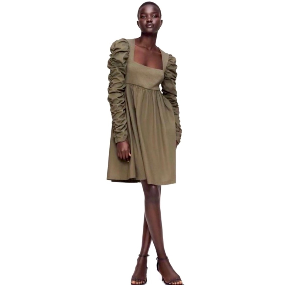 ZARA NWOT Women’s Combination Ruched Mini Dress Olive Khaki Size Medium